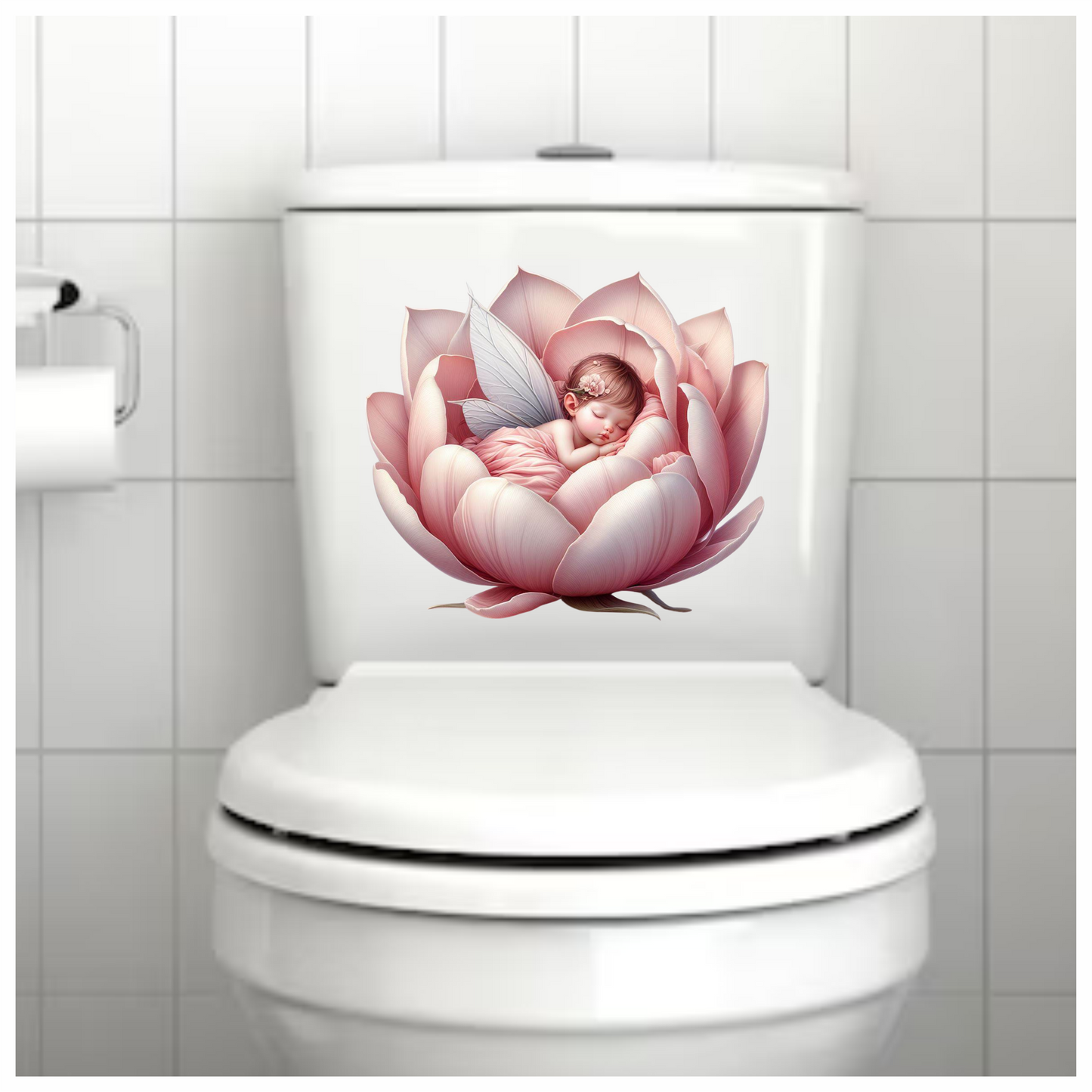 Baby fairy in a pink flower vinyl sticker decal