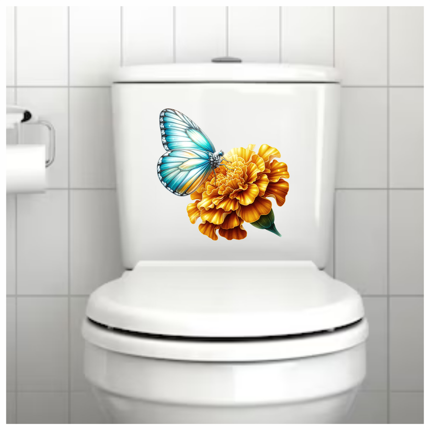 Teal butterfly on a yellow flower vinyl sticker decal