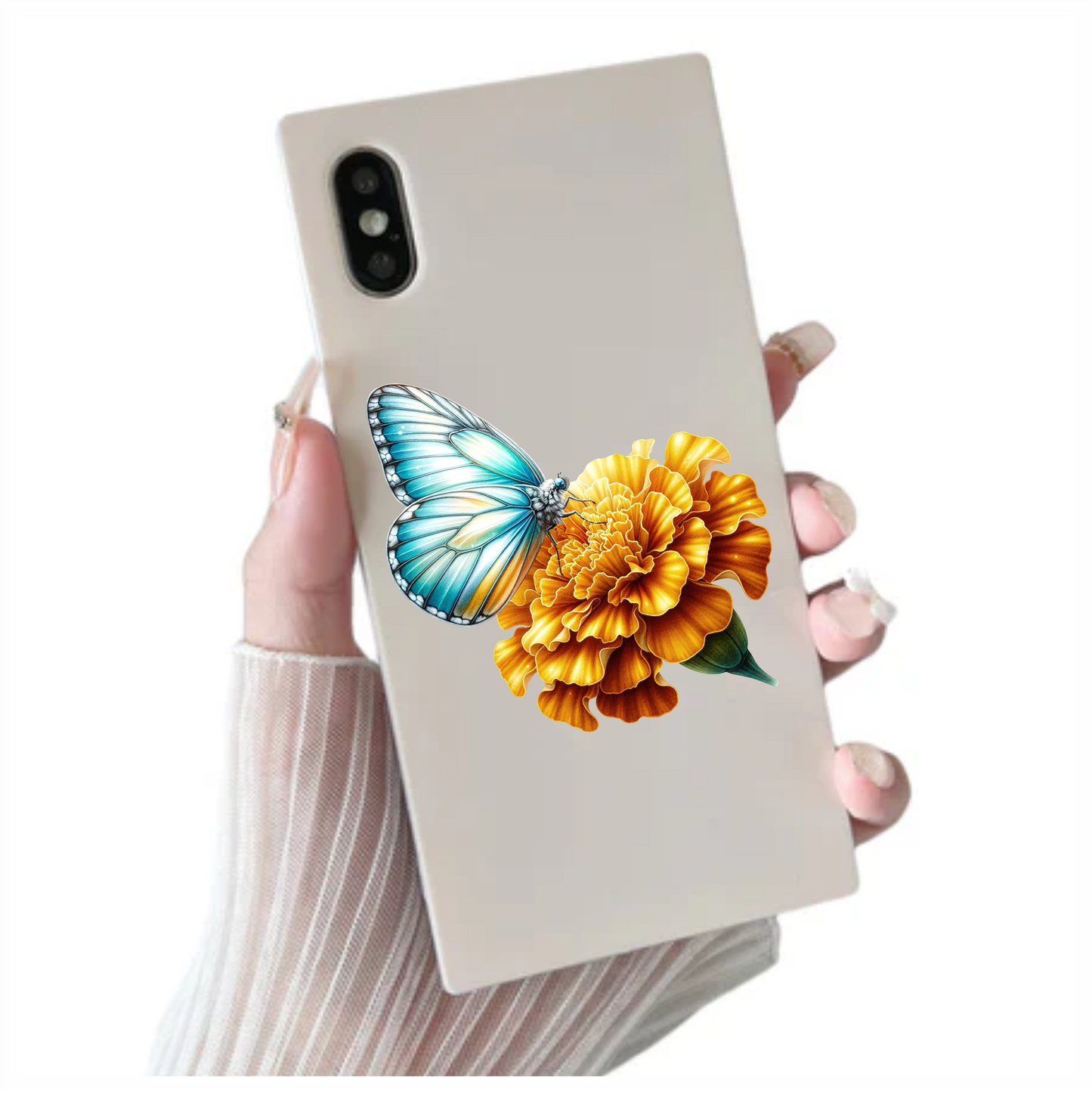 Teal butterfly on a yellow flower vinyl sticker decal