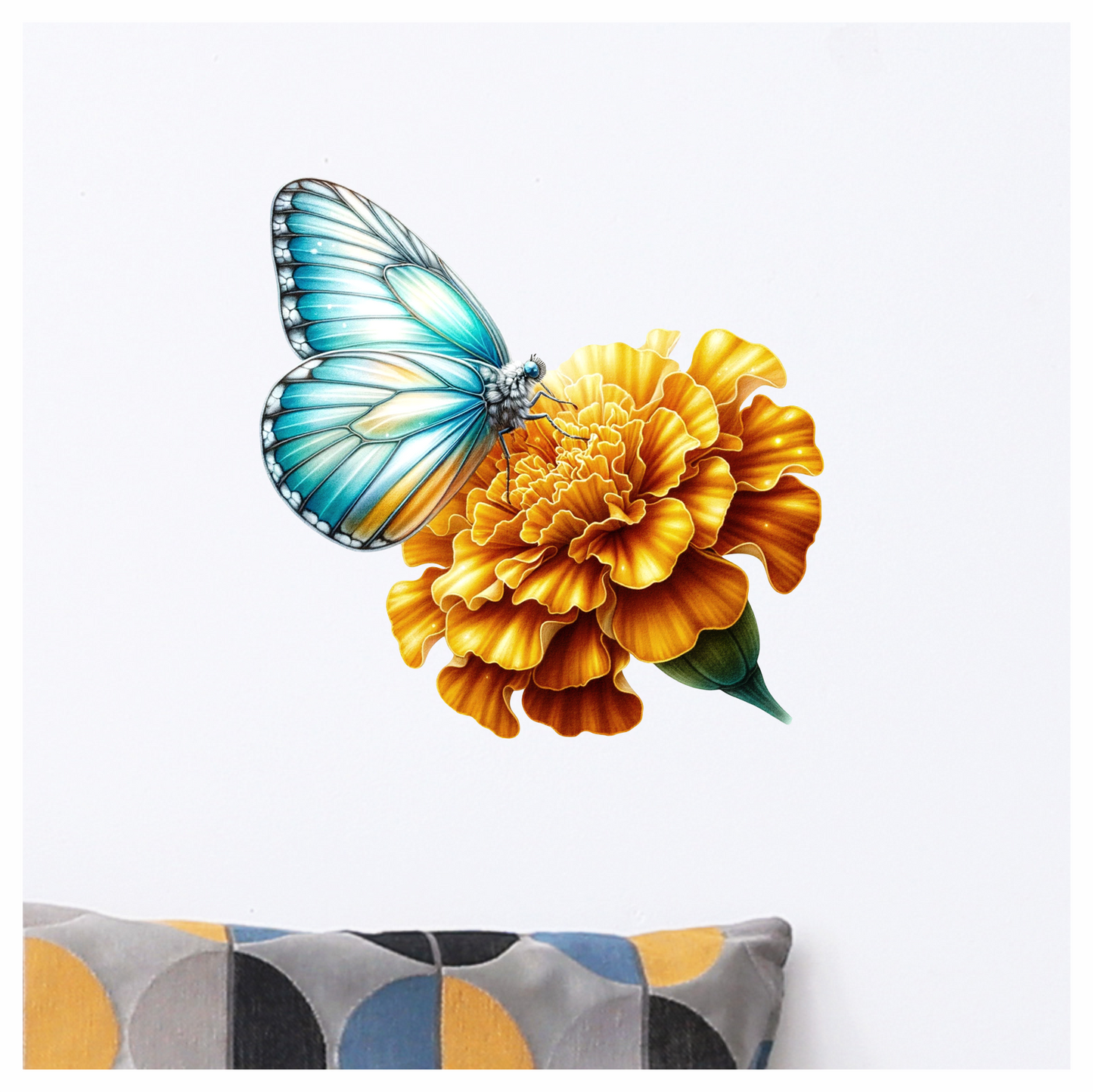 Teal butterfly on a yellow flower vinyl sticker decal