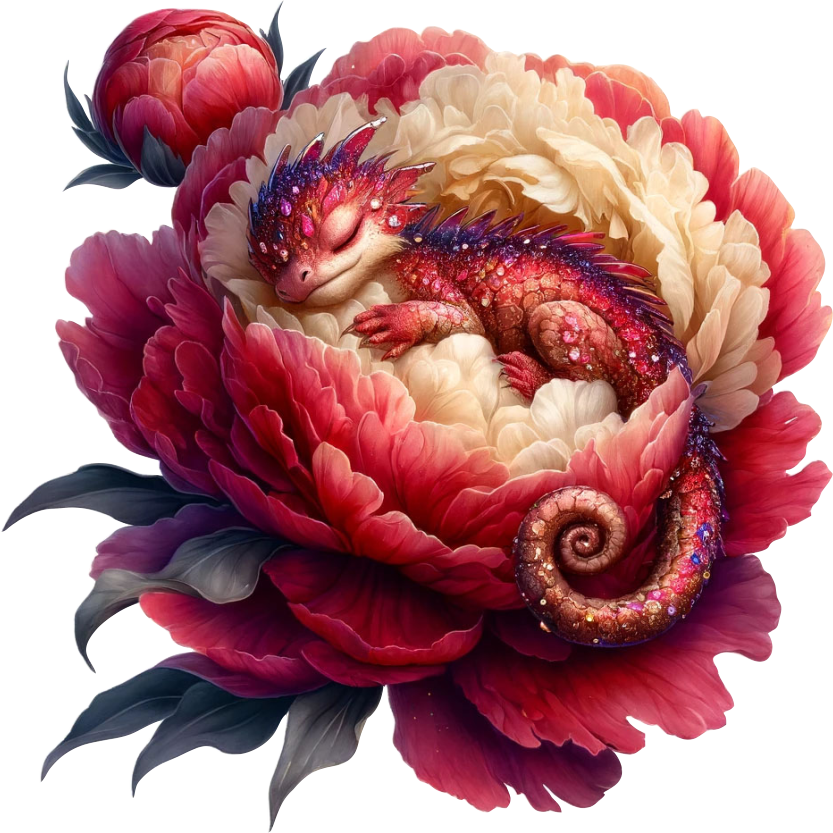 Cute red baby dragon sleeping in a red flower vinyl sticker decal