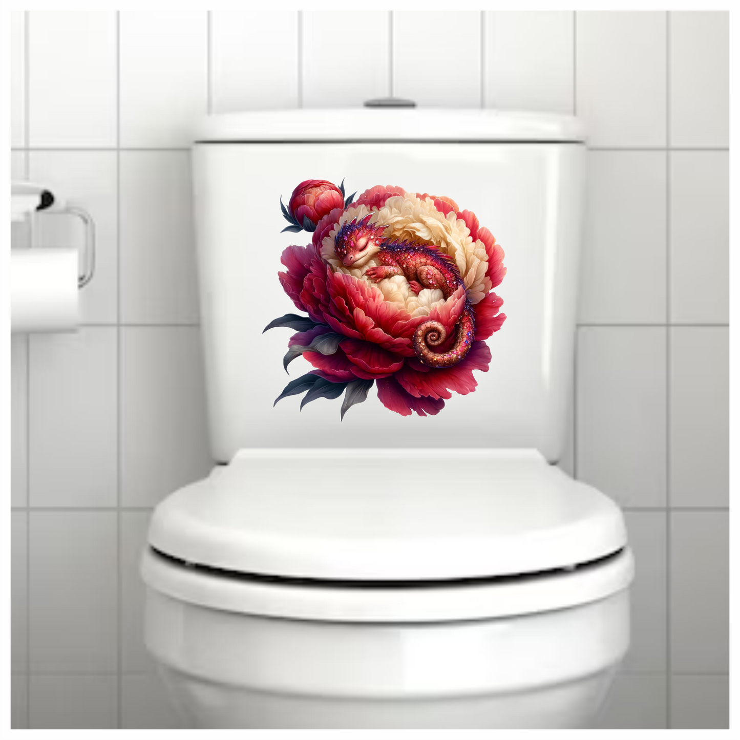 Cute red baby dragon sleeping in a red flower vinyl sticker decal