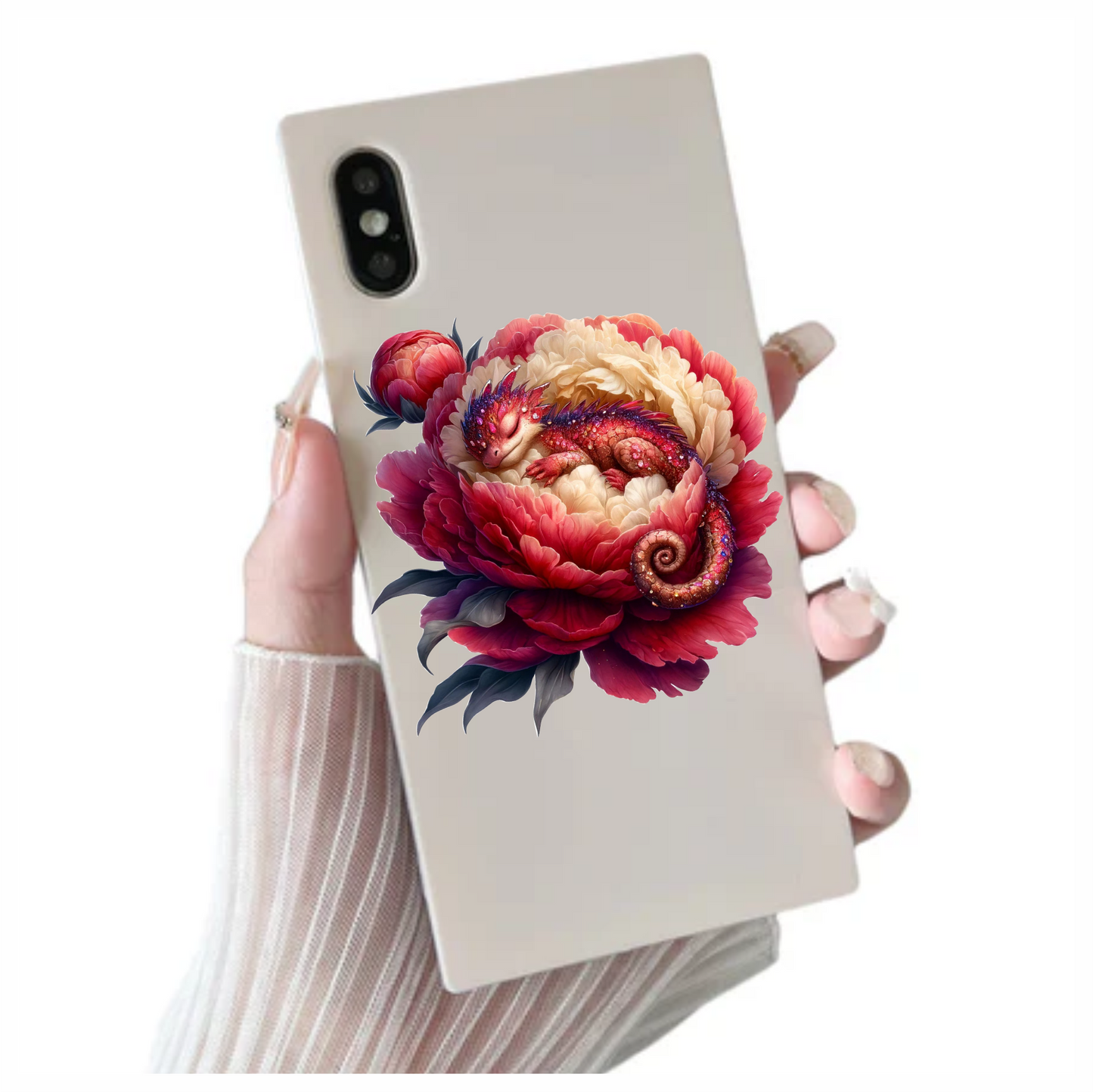 Cute red baby dragon sleeping in a red flower vinyl sticker decal