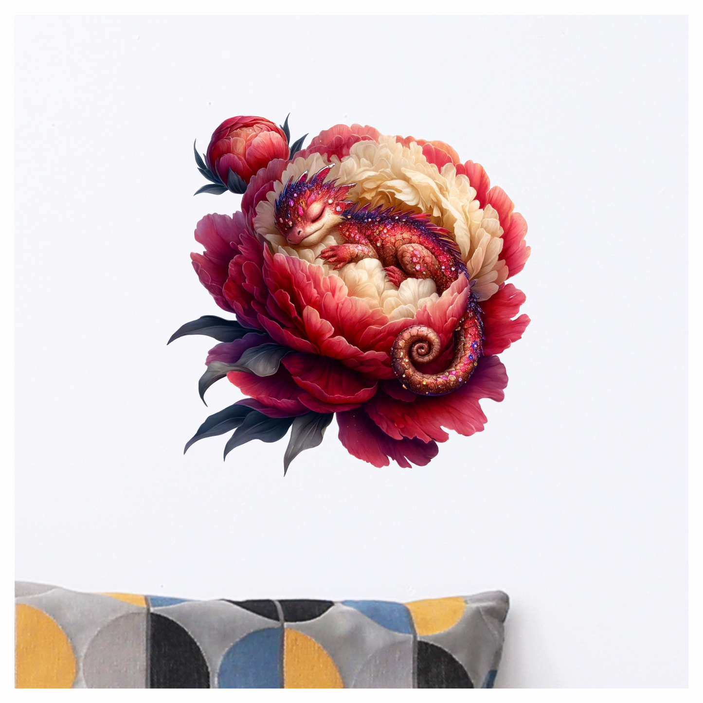 Cute red baby dragon sleeping in a red flower vinyl sticker decal