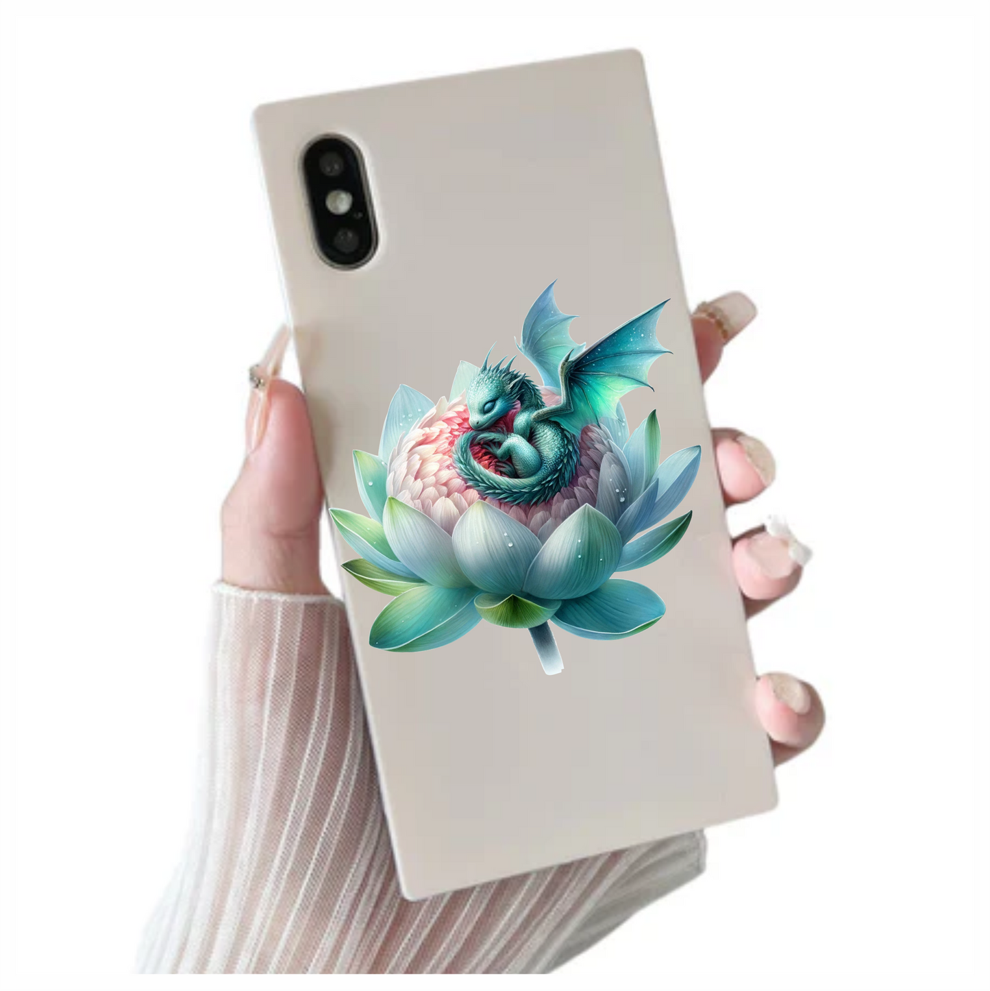 Teal dragon sleeping on a turquoise flower vinyl sticker decal