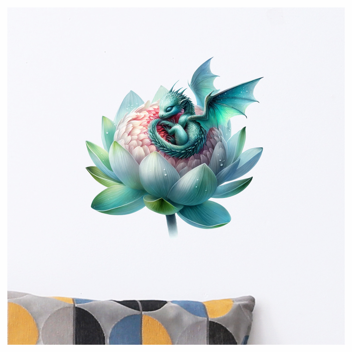 Teal dragon sleeping on a turquoise flower vinyl sticker decal
