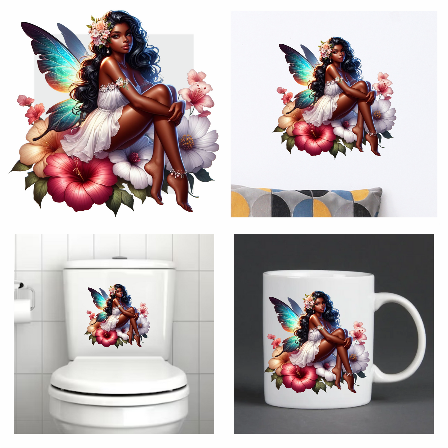 Colourful fairy sitting on flowers vinyl sticker decal