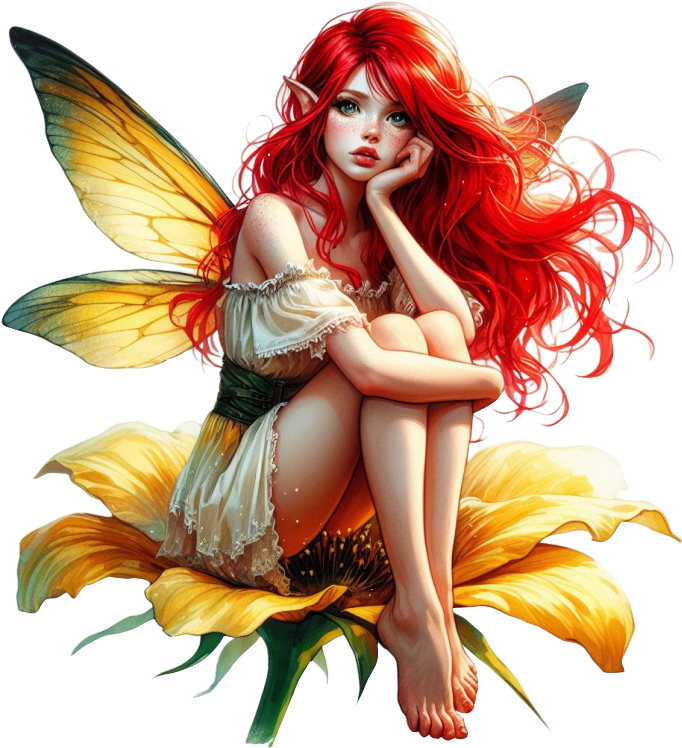 Red haired fairy sitting on a yellow flower vinyl sticker decal