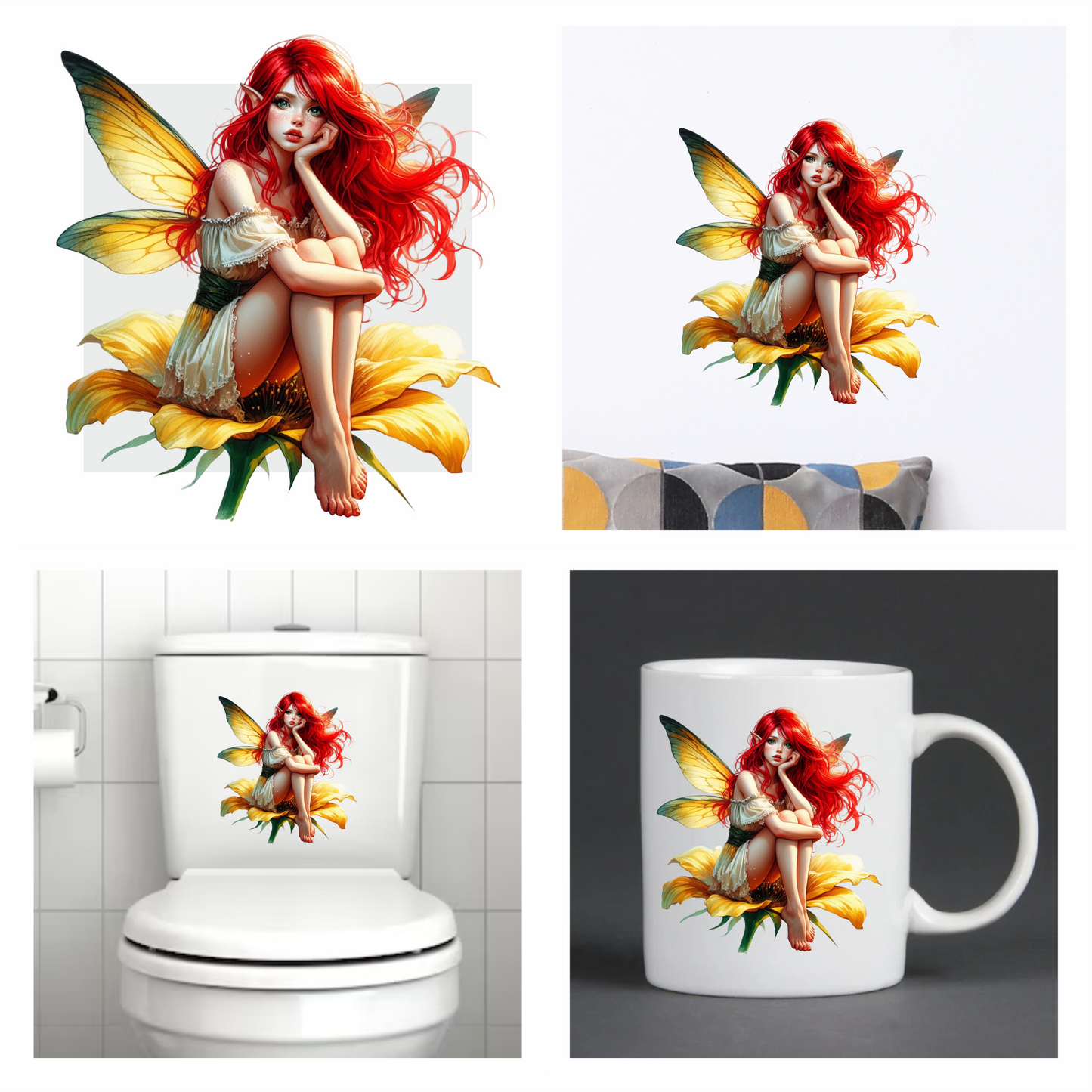 Red haired fairy sitting on a yellow flower vinyl sticker decal