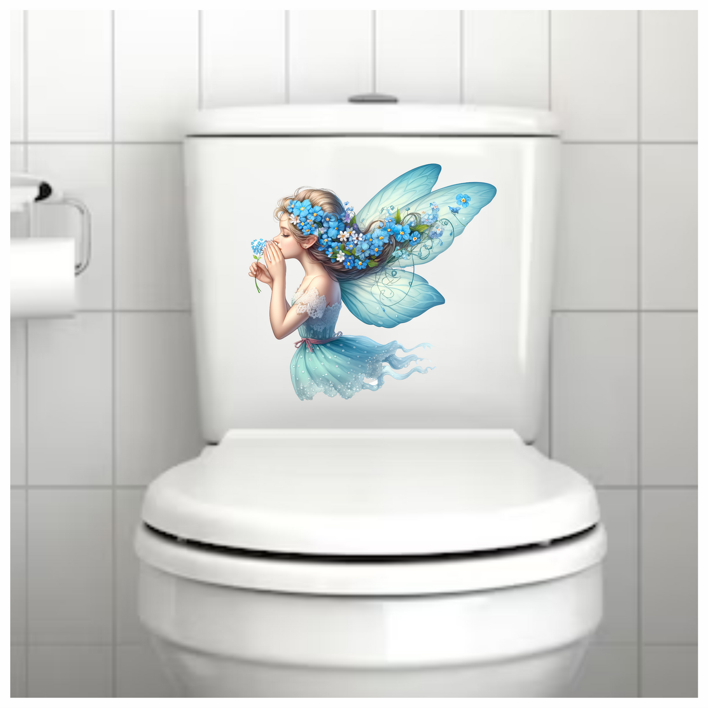 Elegant light blue fairy holding flower vinyl sticker decal