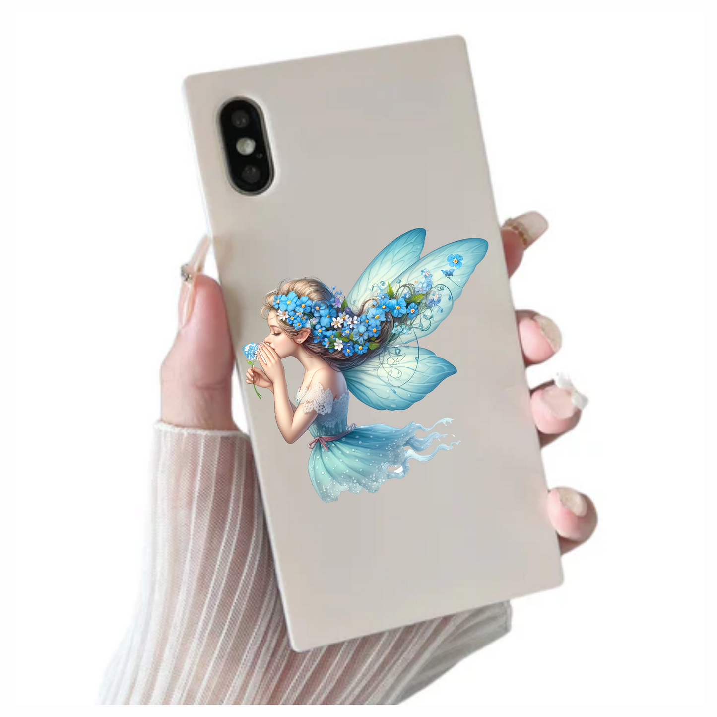 Elegant light blue fairy holding flower vinyl sticker decal