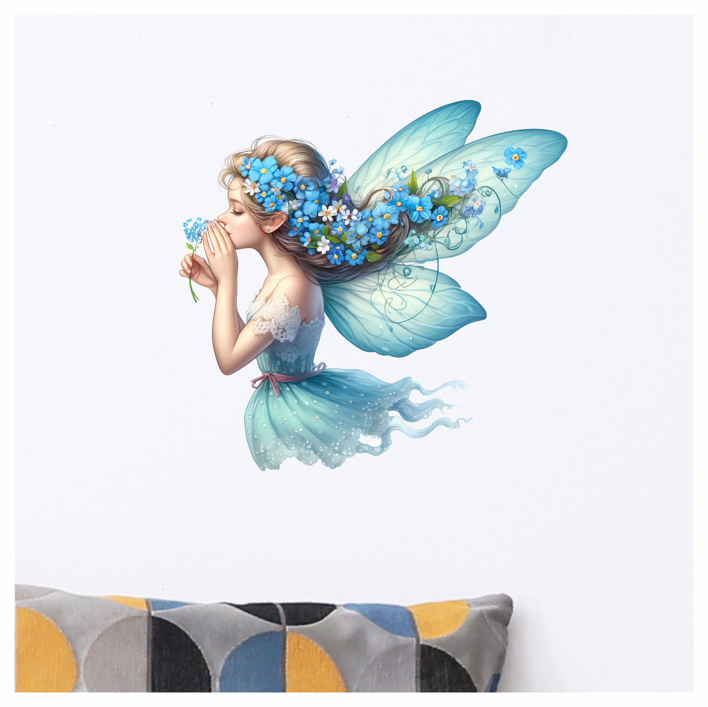 Elegant light blue fairy holding flower vinyl sticker decal