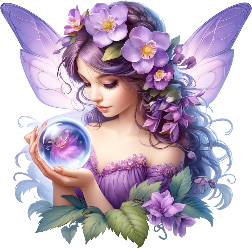 Elegant purple fairy holding flower in a crystal ball vinyl sticker decal