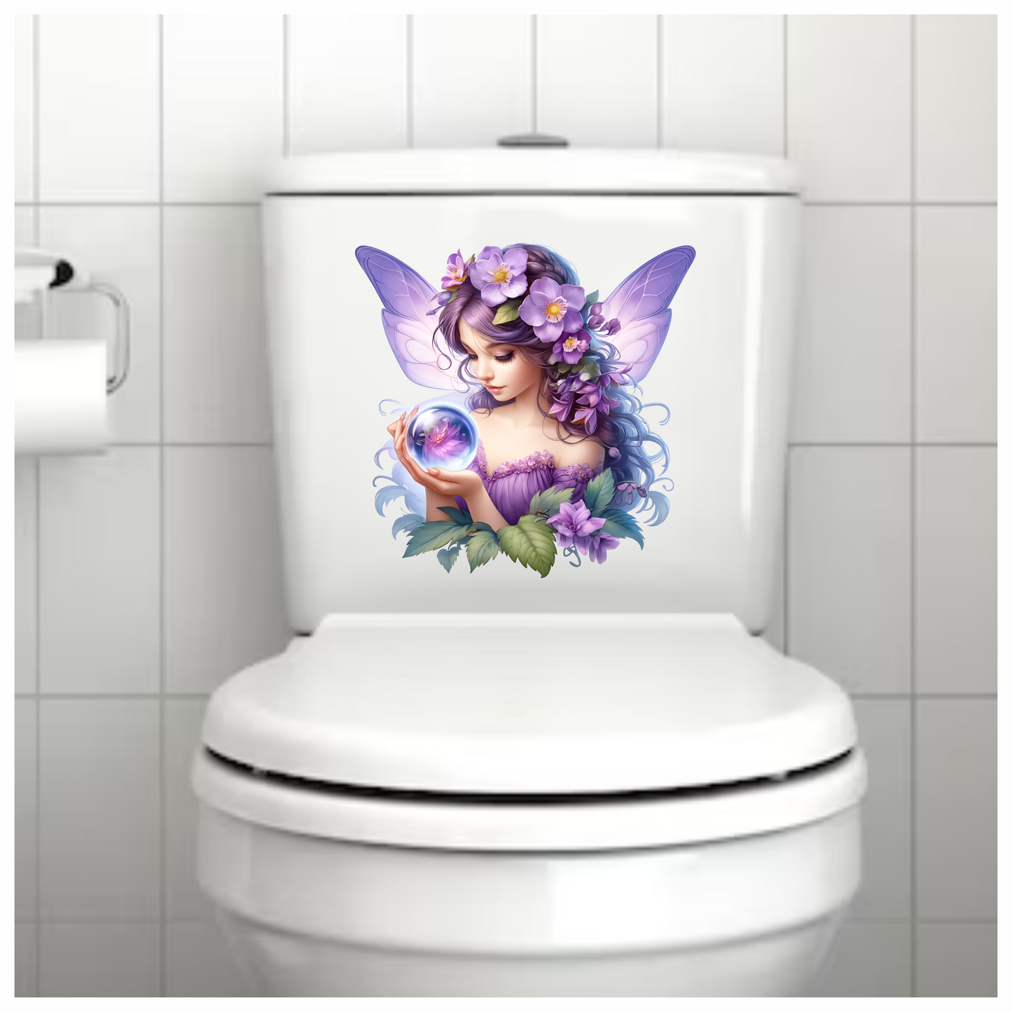 Elegant purple fairy holding flower in a crystal ball vinyl sticker decal