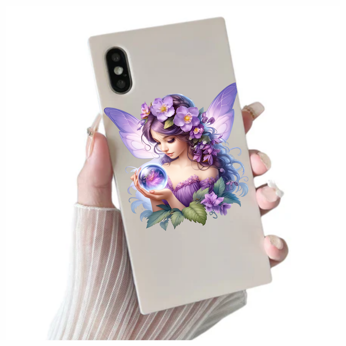 Elegant purple fairy holding flower in a crystal ball vinyl sticker decal