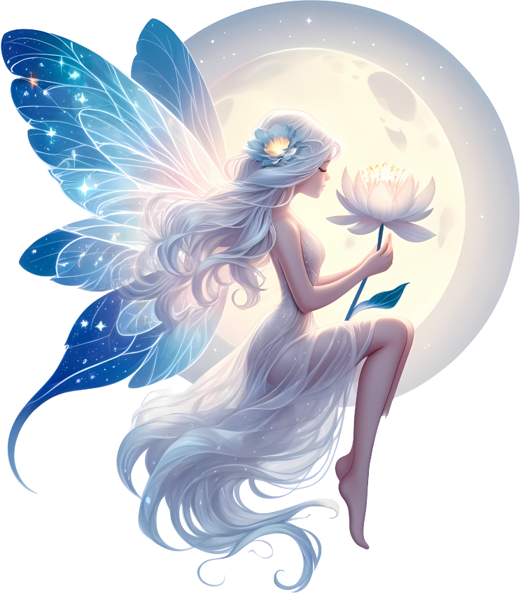 White Fairy sat in moonlight holding a flower vinyl sticker decal