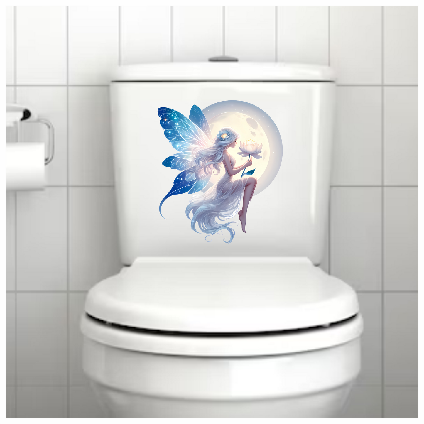 White Fairy sat in moonlight holding a flower vinyl sticker decal