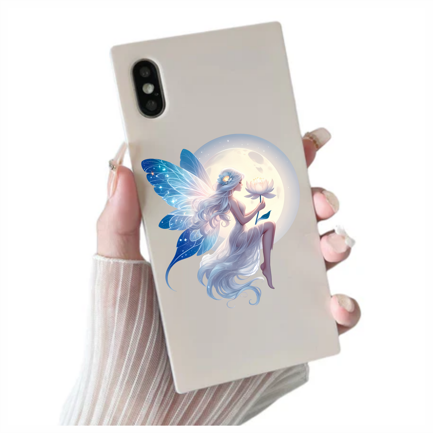 White Fairy sat in moonlight holding a flower vinyl sticker decal