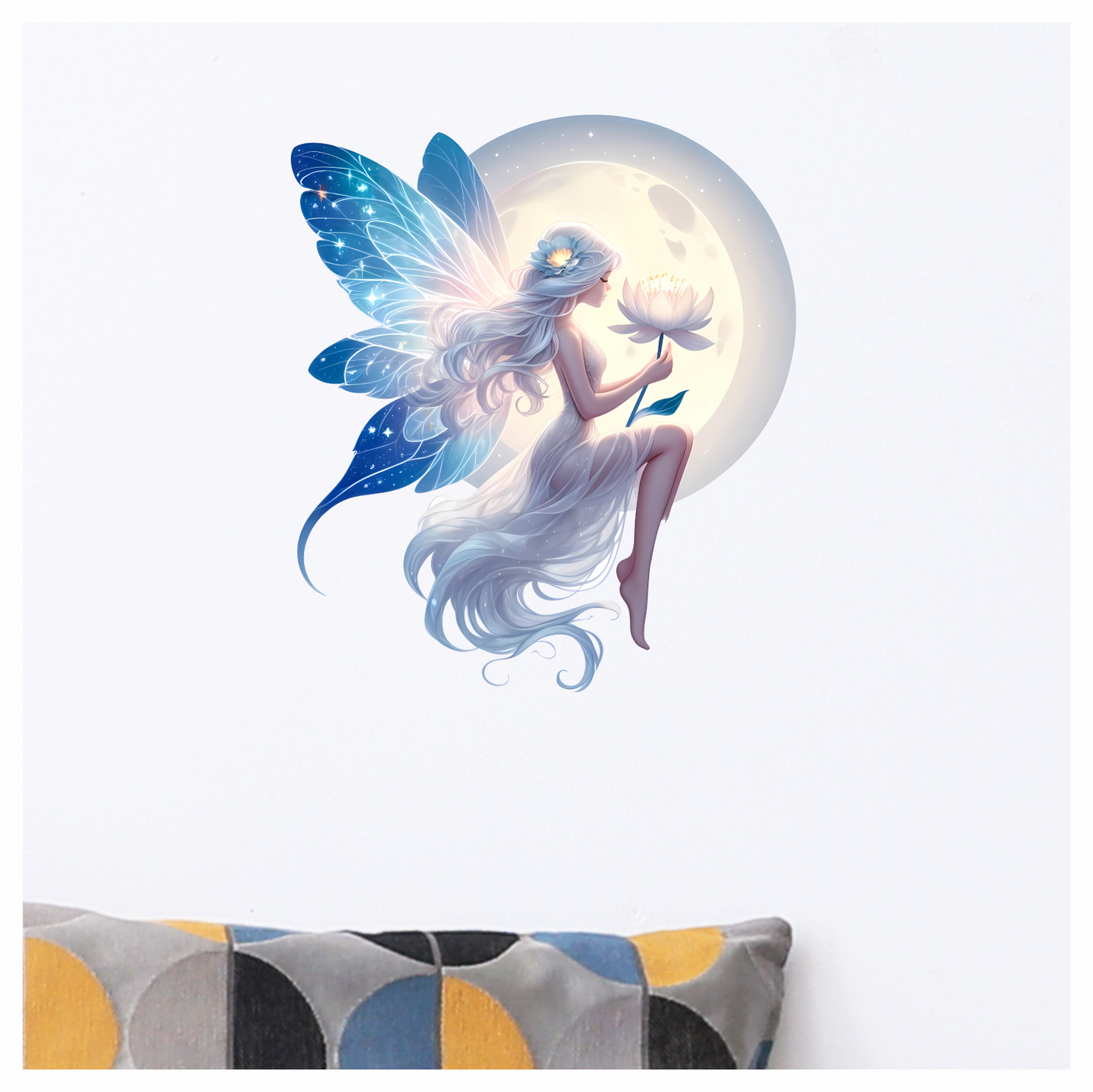 White Fairy sat in moonlight holding a flower vinyl sticker decal