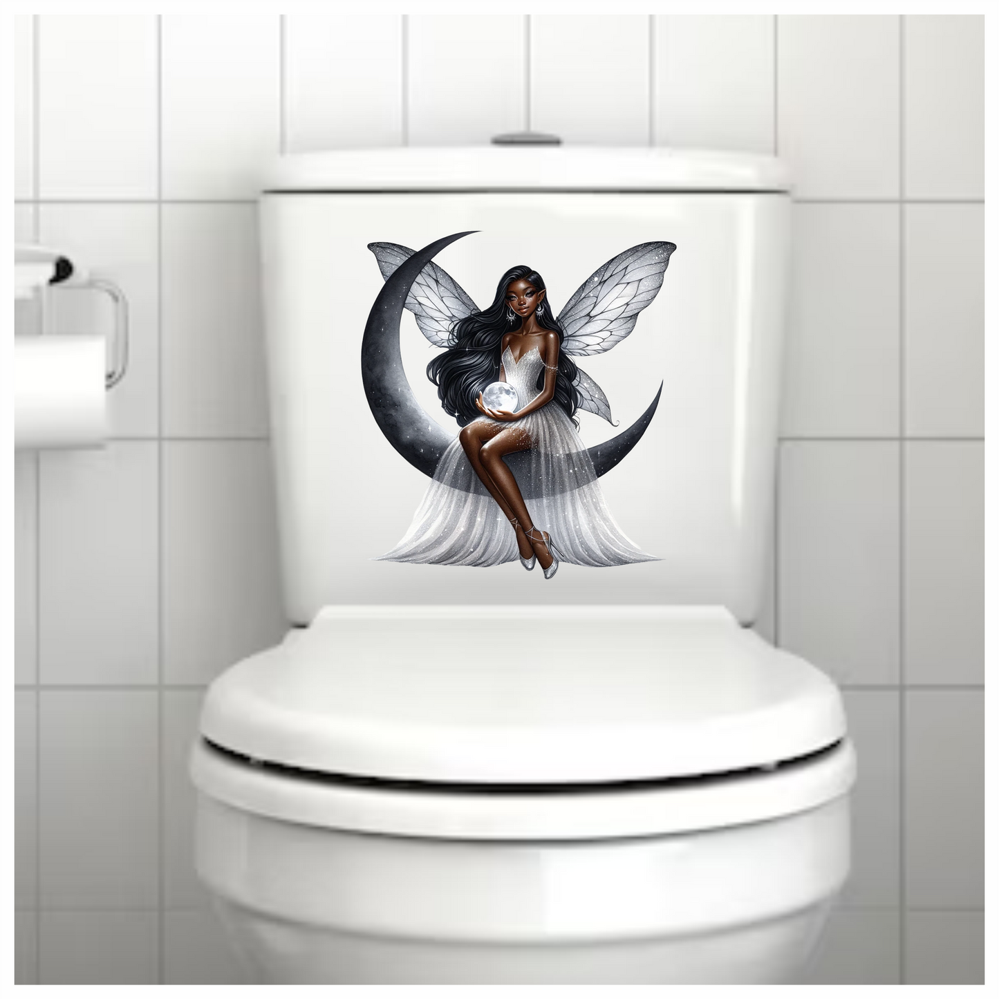 Beautiful fairy sat in black half moon vinyl sticker decal