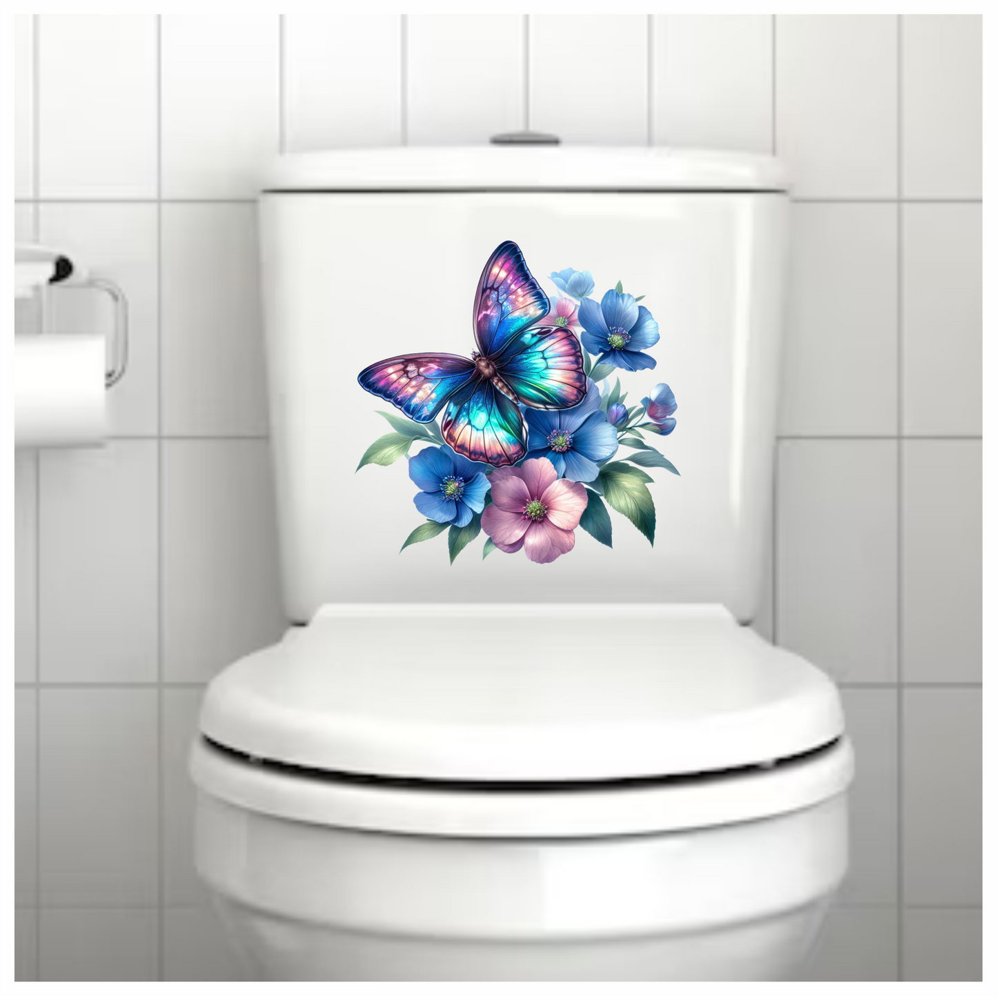 Neon blue butterfly on a flower vinyl sticker decal
