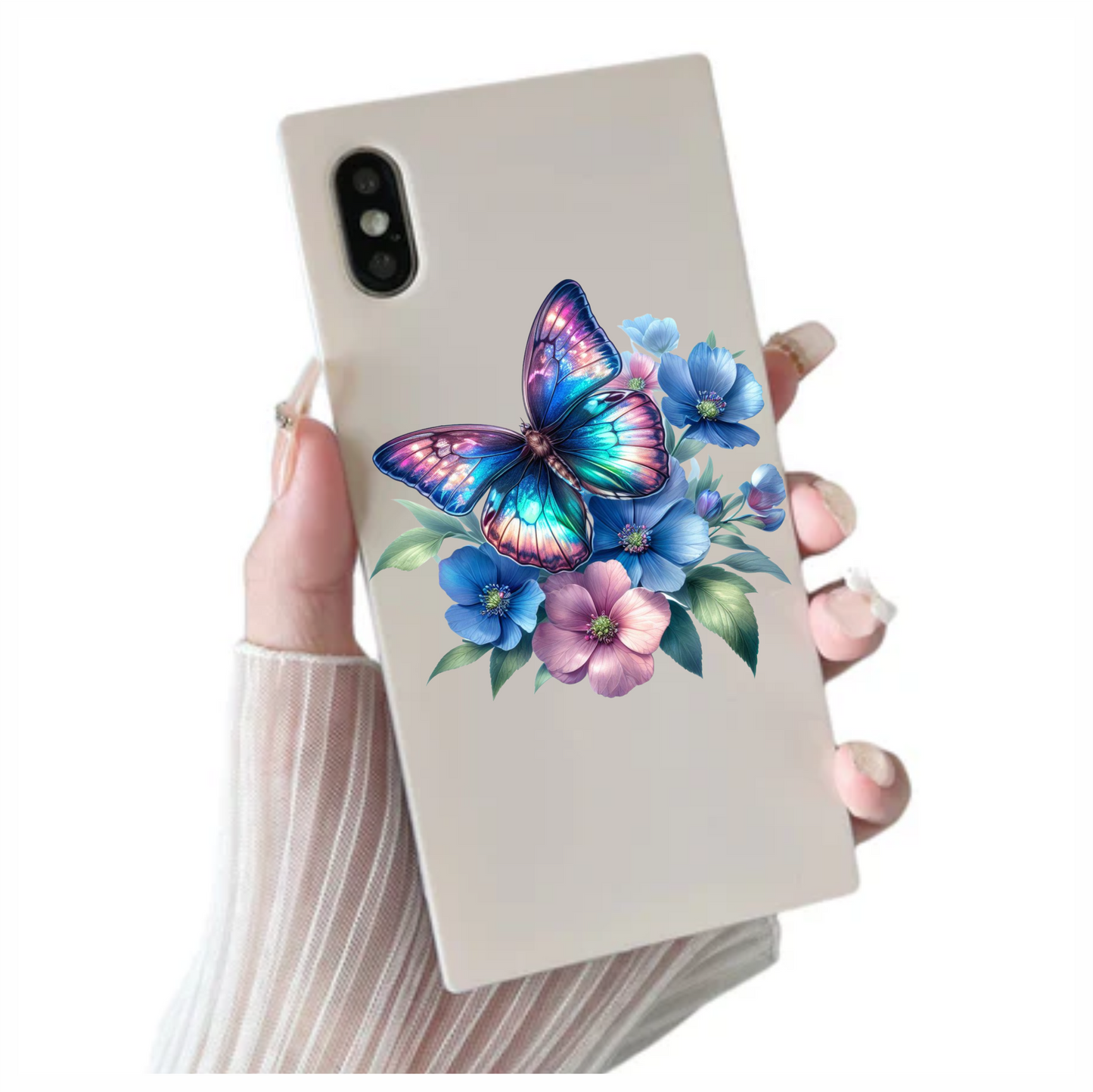 Neon blue butterfly on a flower vinyl sticker decal