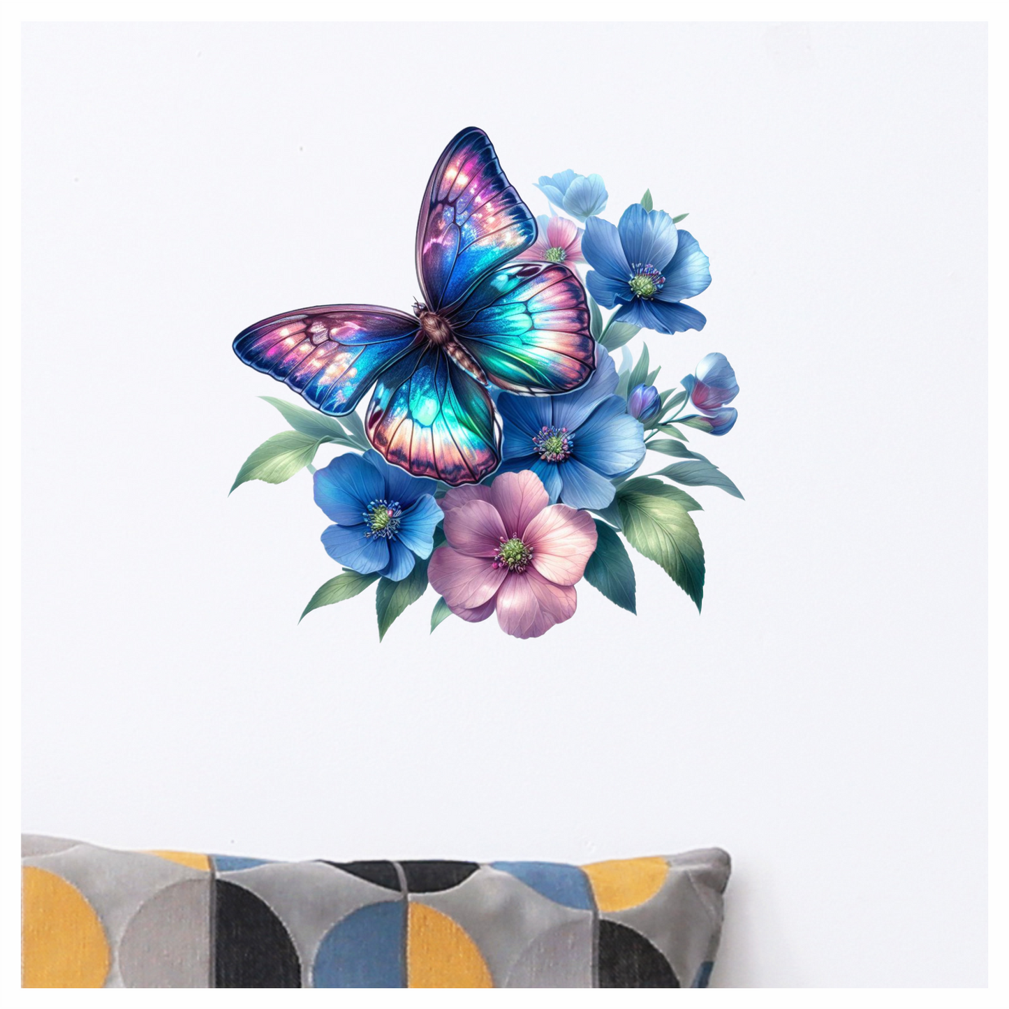 Neon blue butterfly on a flower vinyl sticker decal