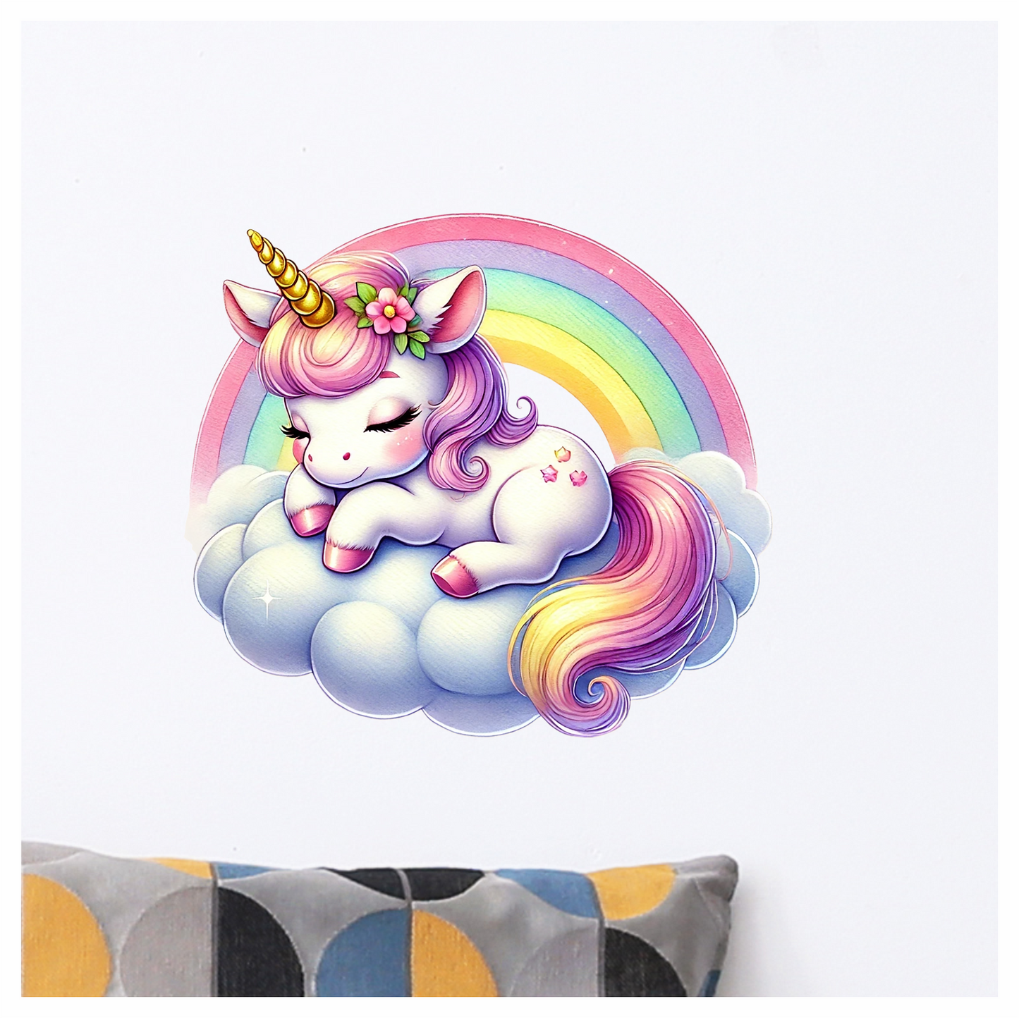 Unicorn sleeping on a cloud with rainbow kids vinyl sticker decal