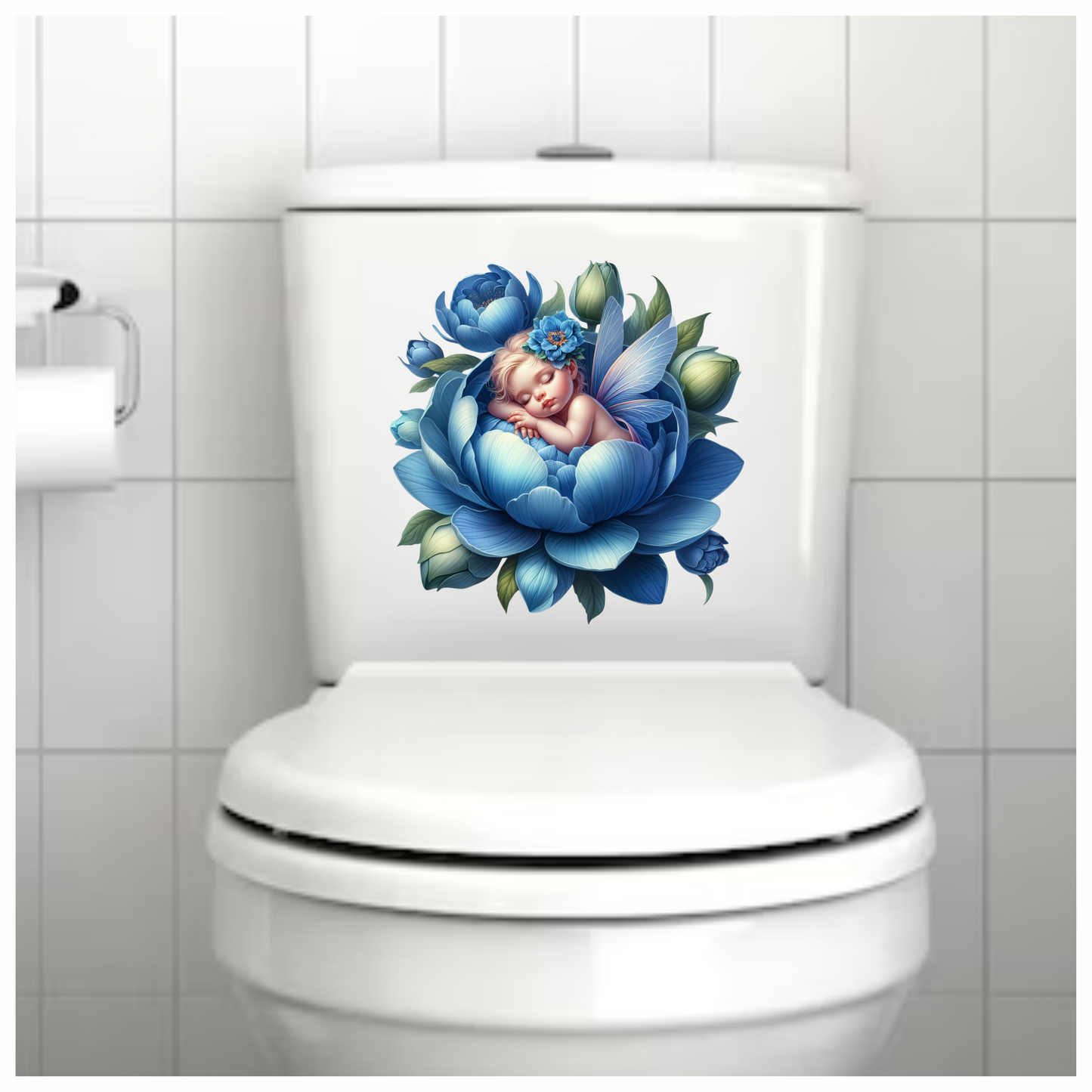 Baby fairy in a blue flower vinyl sticker decal