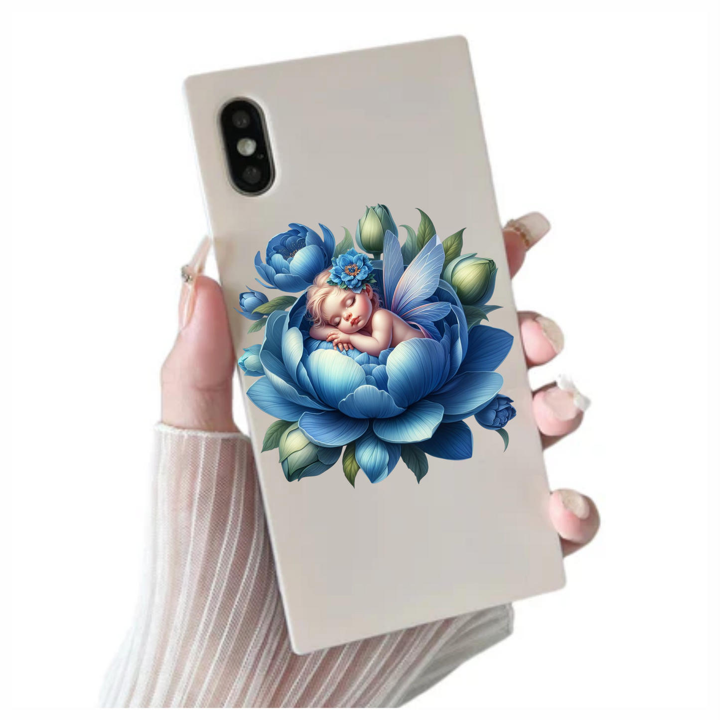 Baby fairy in a blue flower vinyl sticker decal