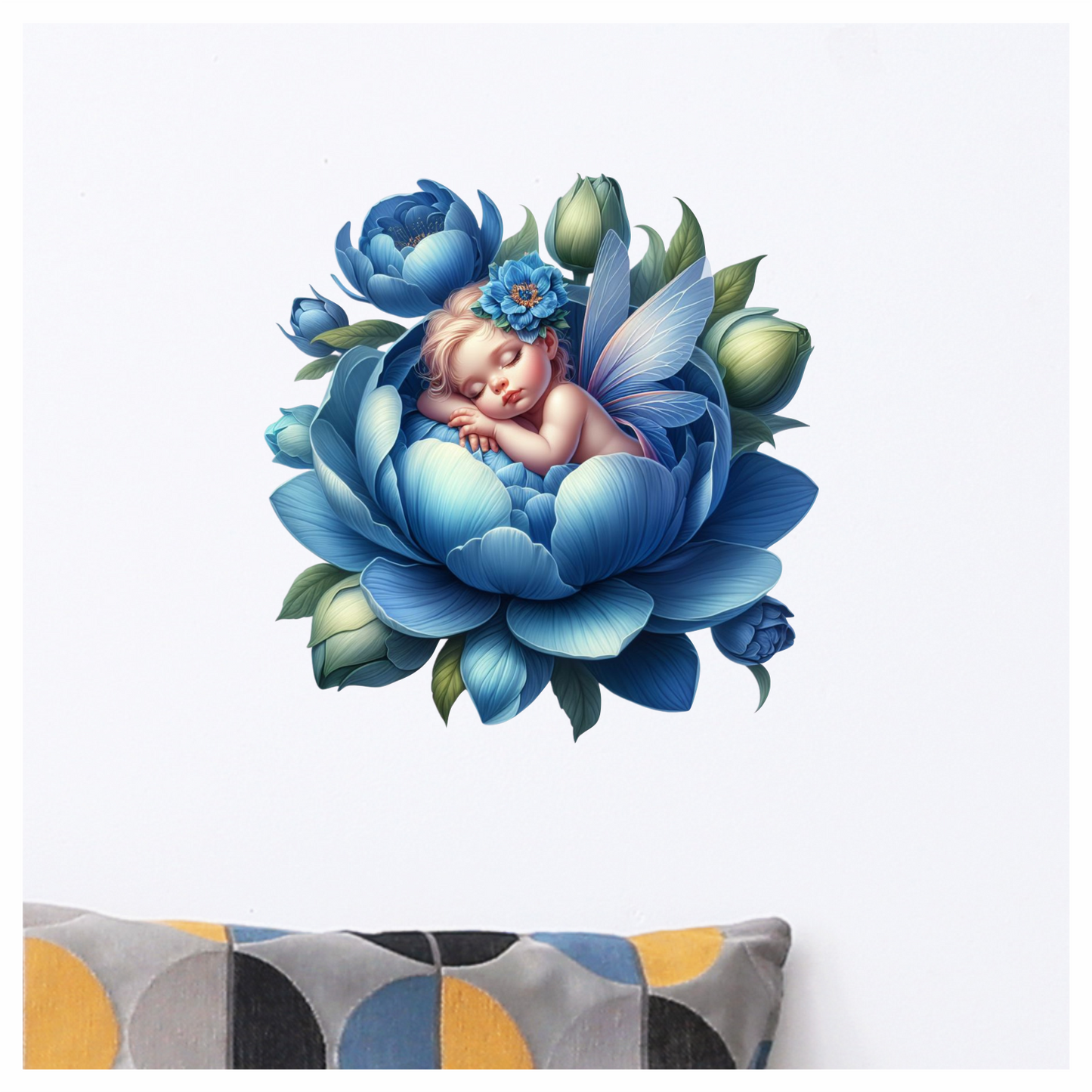 Baby fairy in a blue flower vinyl sticker decal