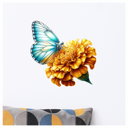 Teal butterfly on a yellow flower vinyl sticker decal