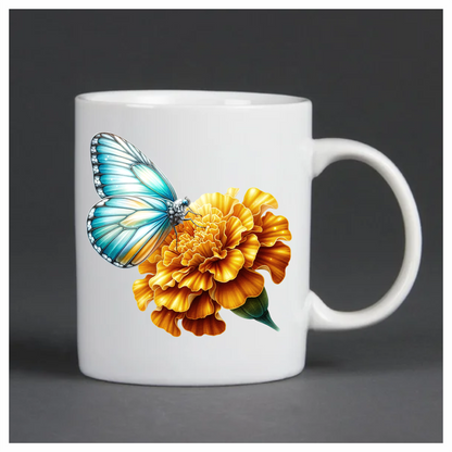Teal butterfly on a yellow flower vinyl sticker decal