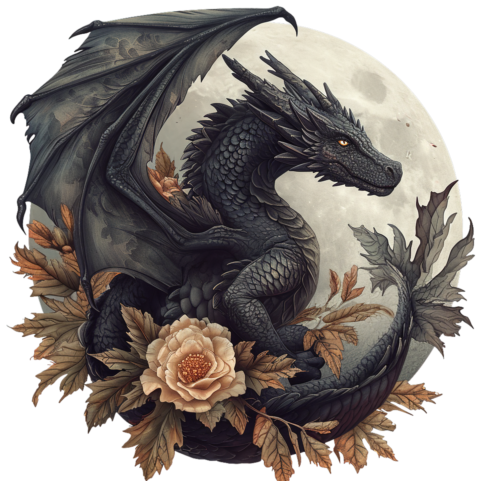 Black dragon in front of a moon vinyl sticker decal