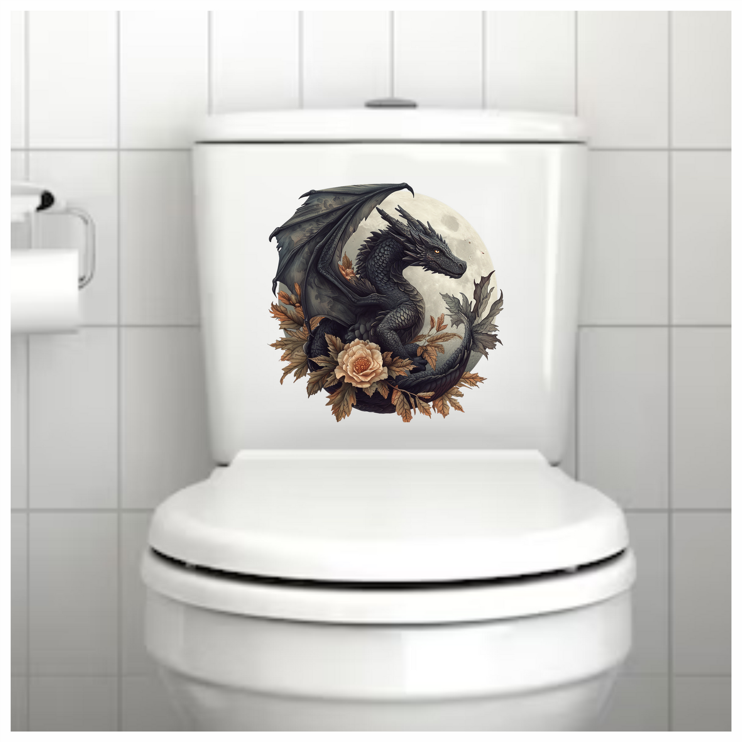 Black dragon in front of a moon vinyl sticker decal