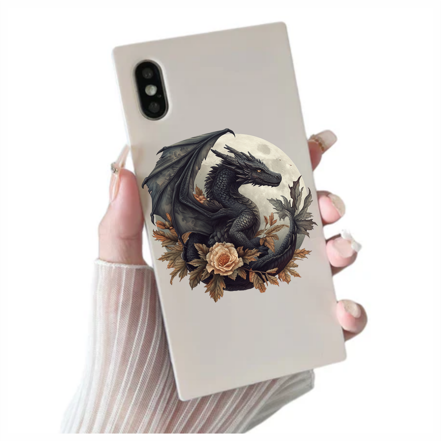 Black dragon in front of a moon vinyl sticker decal