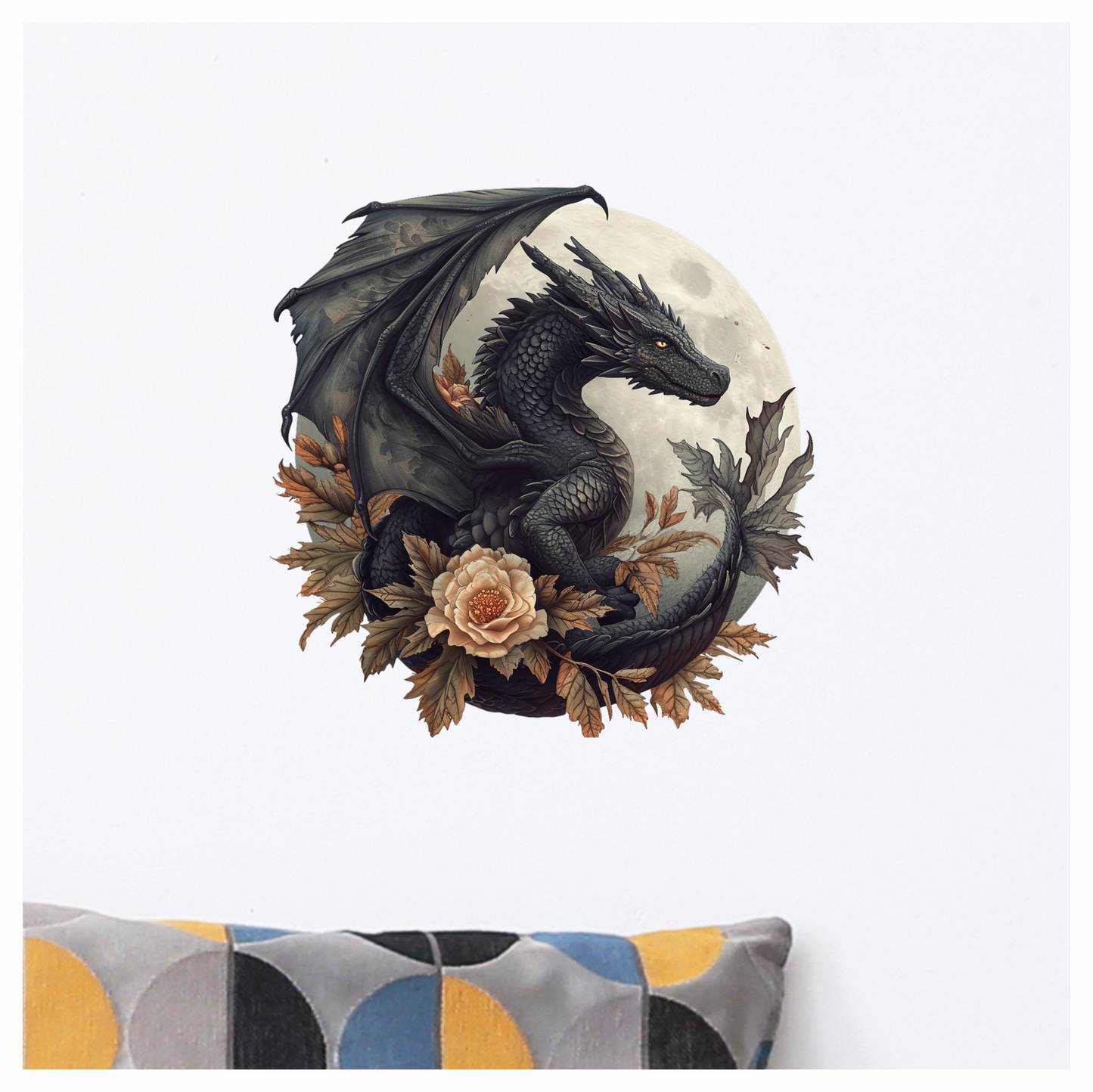 Black dragon in front of a moon vinyl sticker decal