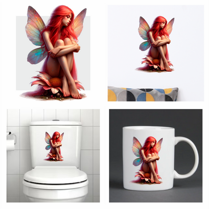 Red themed fairy sat on a red flower vinyl sticker decal