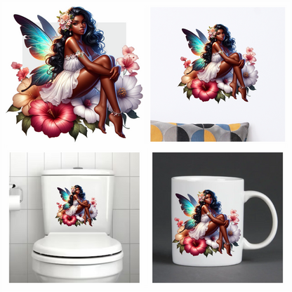 Colourful fairy sitting on flowers vinyl sticker decal