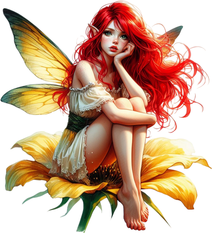 Red haired fairy sitting on a yellow flower vinyl sticker decal