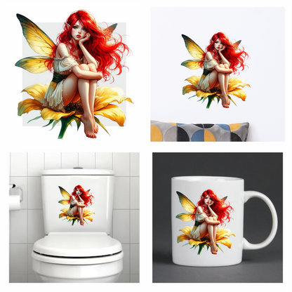 Red haired fairy sitting on a yellow flower vinyl sticker decal