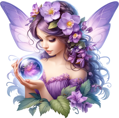 Elegant purple fairy holding flower in a crystal ball vinyl sticker decal