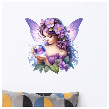Elegant purple fairy holding flower in a crystal ball vinyl sticker decal