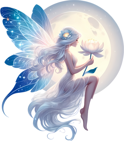 White Fairy sat in moonlight holding a flower vinyl sticker decal