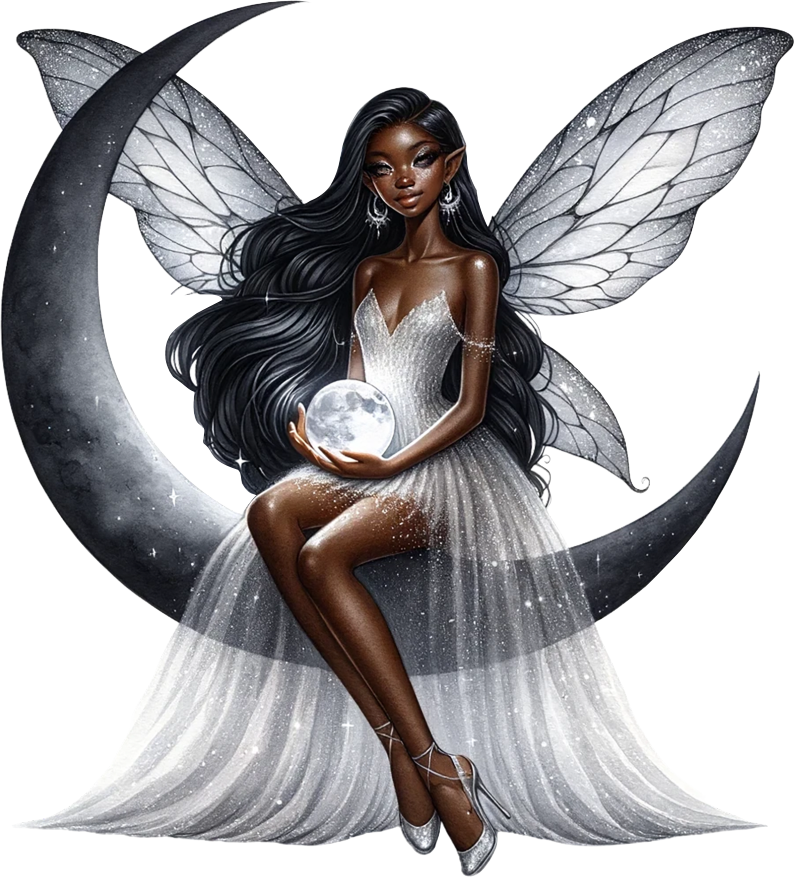 Beautiful fairy sat in black half moon vinyl sticker decal