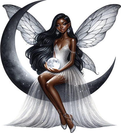 Beautiful fairy sat in black half moon vinyl sticker decal