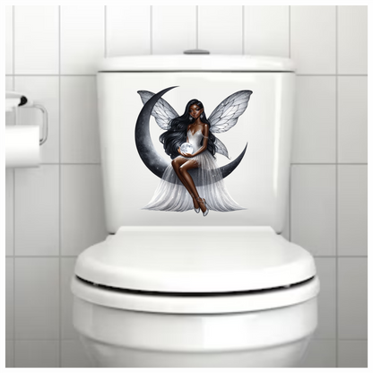 Beautiful fairy sat in black half moon vinyl sticker decal