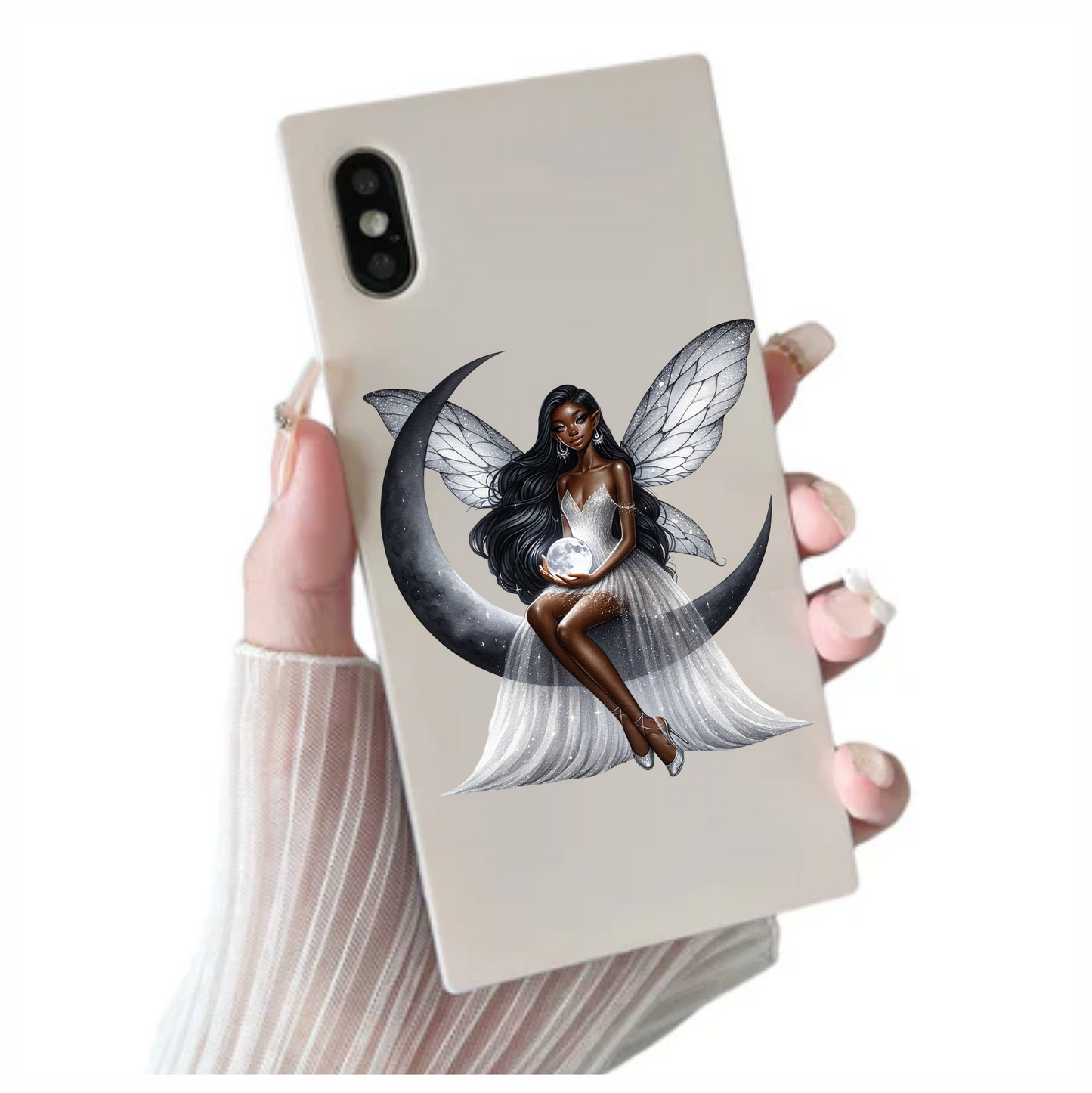 Beautiful fairy sat in black half moon vinyl sticker decal