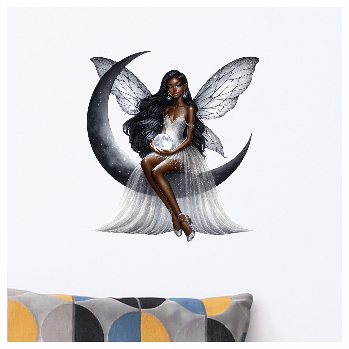 Beautiful fairy sat in black half moon vinyl sticker decal