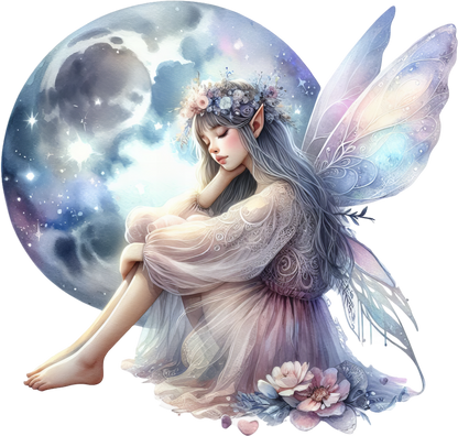 Pretty fairy sitting in front of moon vinyl sticker decal